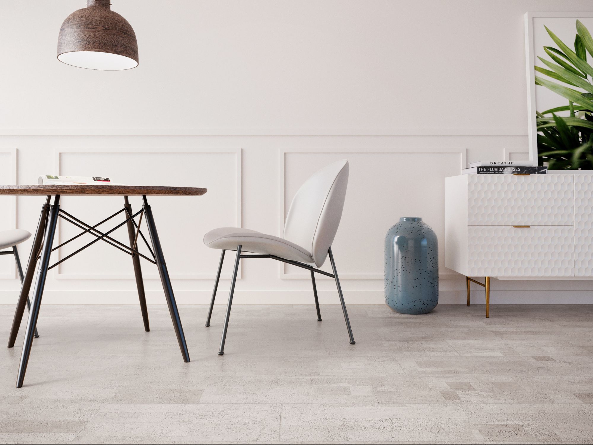 cork flooring in a bright dining room